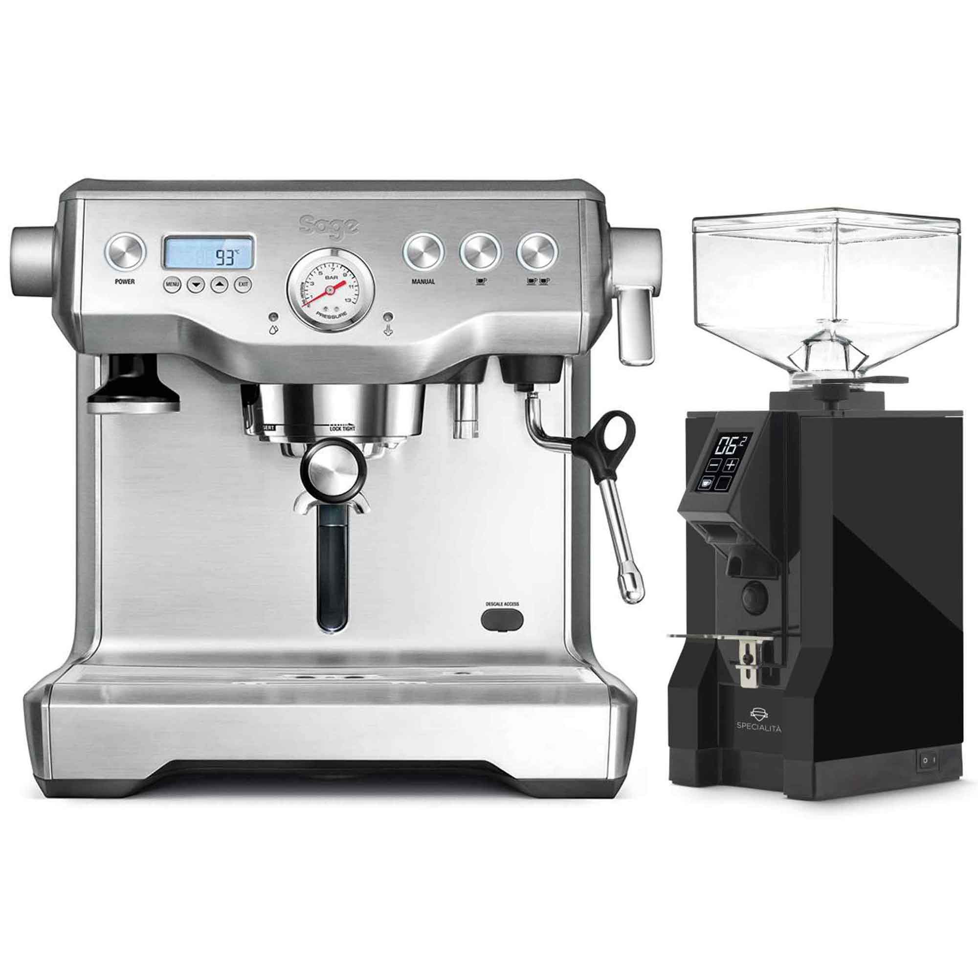 Sage Dual Boiler espresso machine with black Eureka Specialita grinder, premium home espresso and grinding bundle.